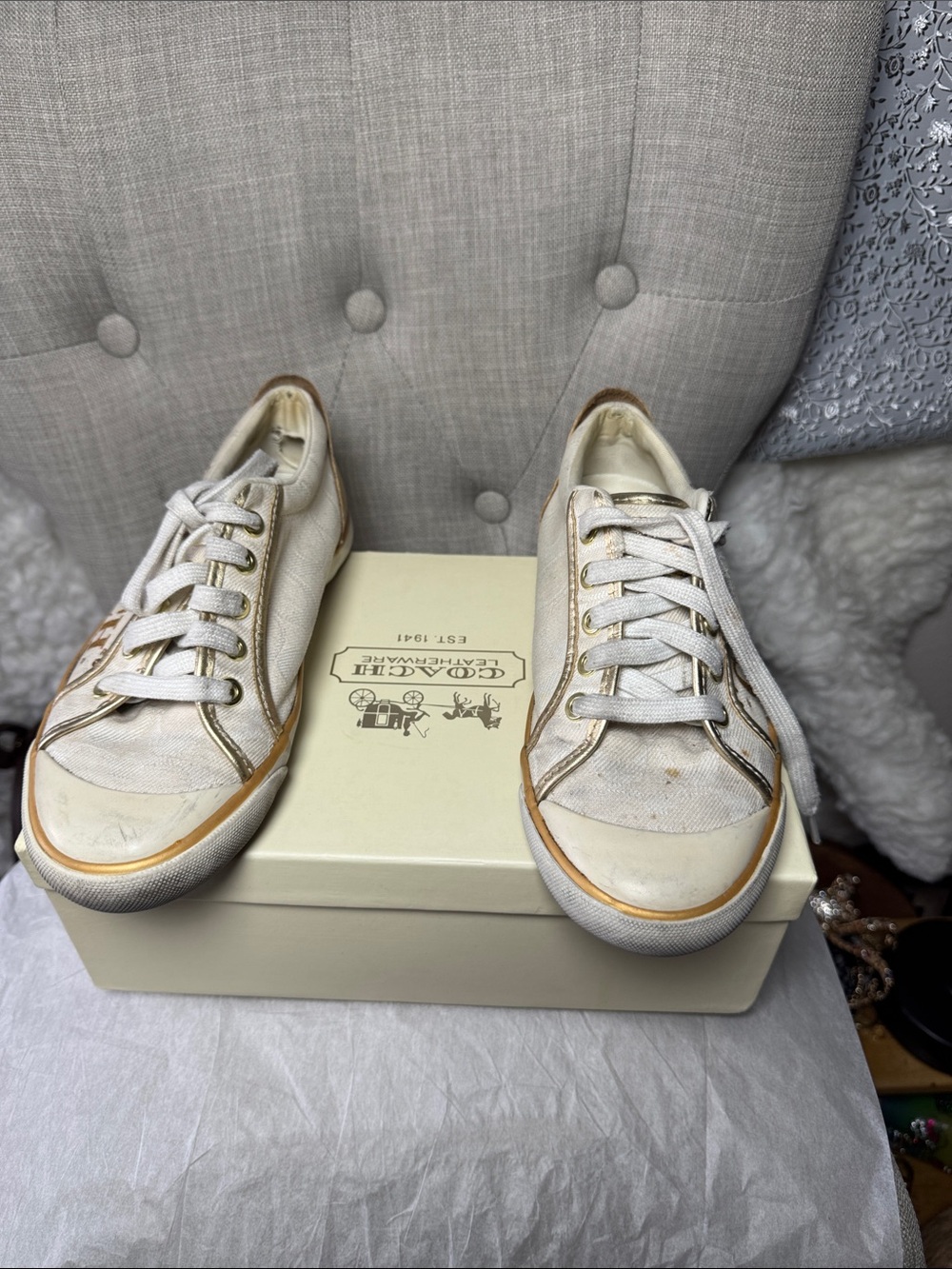 Coach White Canvas Low-Top Sneakers with Gold Trim